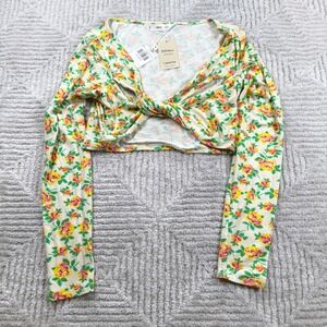 Mango Floral Twist Front Crop Top Womens L Long Sleeve EcoVero Boho Festival Y2K